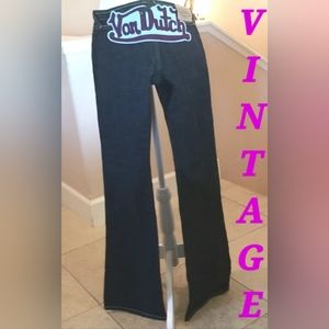 Y2k VON DUTCH Blue Purple Low Rise Flare Embroidery Patch Dark Wash Jeans 28 LN